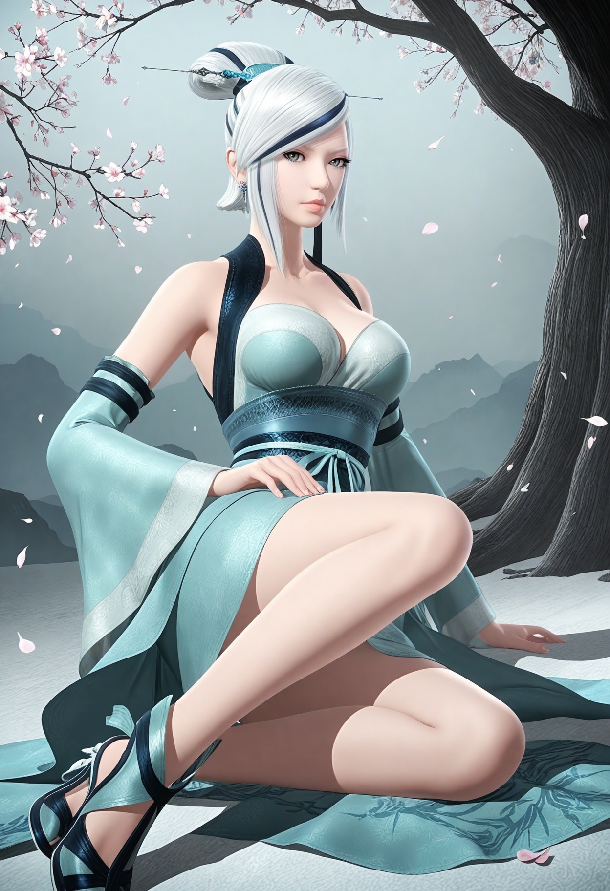 (looking at viewer:1.1),(moody lighting:1.1),in winter,falling petals,intense shadows,(large breasts:0.8),xiaomeng,1girl,solo,white hair,hair ornament,bare shoulders,grey eyes,lips,single hair bun,dress,earrings,cleavage,jewelry,detached sleeves,streaked hair,hair stick,makeup,wide sleeves,high_heels,on back BREAK masterpiece,(best quality),(intricate details:0.9),(realistic skin:1.2),<lora:QQSillxiaomengV1:0.8>,