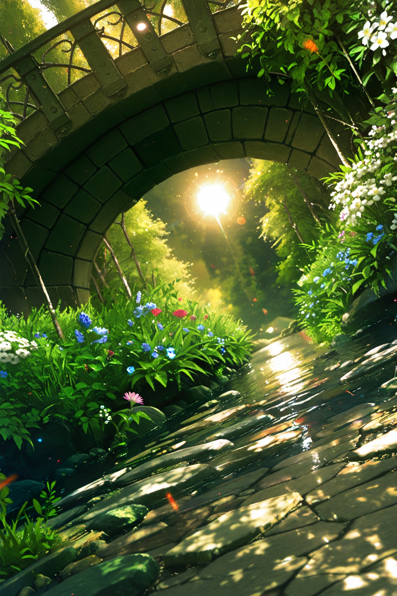 masterpiece,best quality,amazing quality,very aesthetic,absurdres,newest,in the style of fashion photography,light particles,cinematic lighting,Visual impact,sharp focus,Emotionalization,impactful picture,lens flare,depth of field,dynamic pose,dutch angle,extreme aesthetic,scenery,plant,river,stone road,riria \(liry a flower\),
