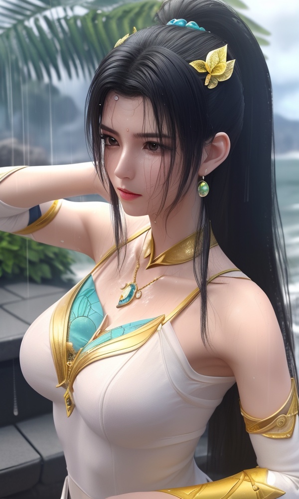 <lora:401-DA-大主宰-叶轻灵:0.8> ,(,1girl, ,best quality, ),looking at viewer, ,ultra detailed 8k cg, ultra detailed background, ultra realistic 8k cg,  ,masterpiece((((1girl, solo,  , ,solo focus, wet,sweat, ocean,rain, water drop, )))) (, , sweatdrop, flying sweatdrops, sweating profusely,colorful drop \(module\), ) flawless, clean, masterpiece, professional artwork, famous artwork, cinematic lighting, cinematic bloom,  dreamlike, unreal, science fiction, luxury, jewelry, diamond, gold, pearl, gem, sapphire, ruby, emerald, intricate detail, delicate pattern, charming, alluring, seductive, erotic, enchanting, hair ornament, necklace, earrings, bracelet, armlet,halo,