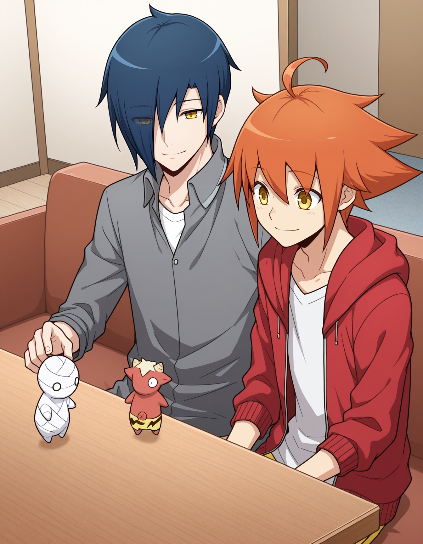 masterpiece,best quality,amazing quality,sora kashiwagi,tazuki kamiya,mii-kun,conny,smile,sitting,blue hair,jacket,yellow eyes,male focus,multiple boys,indoors,hood,2boys,hair over one eye,orange hair,hoodie,bandages,table,casual,couch,puppet,playing,2others,creature,mummy,red hoodie,grey high collared shirt,white shirt,<lora:Sora_Kashiwagi_V2:1>,yellow shorts,