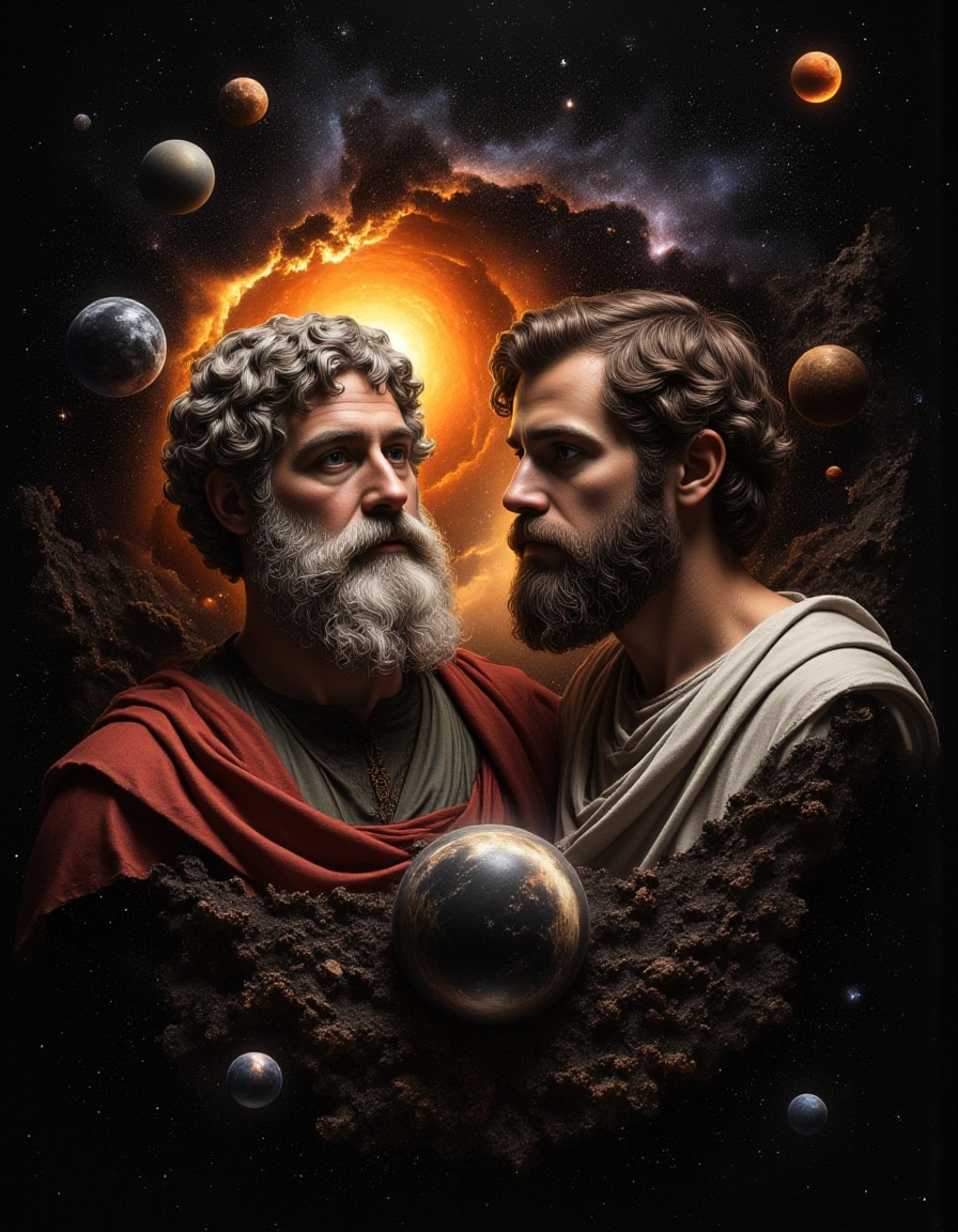 F1AlistdBolatu,A cosmic portrait of two historical figures,set against a backdrop that merges classical art with modern astronomy.,<lora:FLUX.阿里斯多德＆柏拉图F1AlistdBolatu:1.1>,