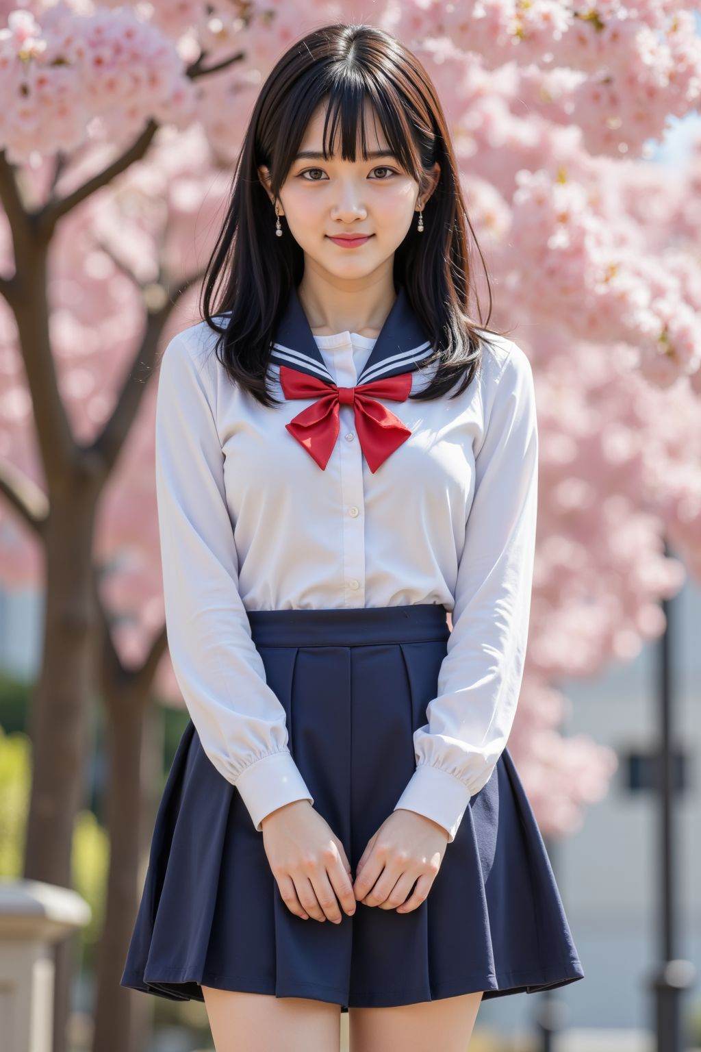 HDR photo of cinematic film still,young girl,solo,black hair,smirk,school uniforms,skirt,peach blossom,outdoors,