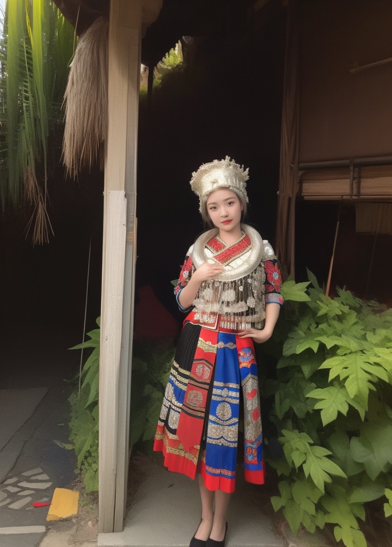 (masterpiece, best quality:1.4),finely detailed,1girl,solo,standing,dress,ethnic attire,hat,jewelry,skirt,outdoors,beach,palm_tree,<lora:海南黎苗族少女黎夏01 :0.8>,