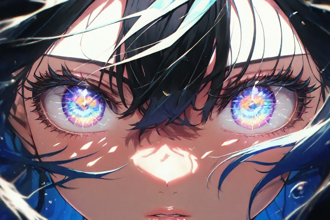 1girl,solo,multicolored eyes,light_eyes,close-up,looking at viewer,hair between eyes,eye focus,parted lips,eyelashes,blue hair,portrait,black hair,lips,beautiful detailed eyes,<lora:Insula Avallonis眼睛:1>,