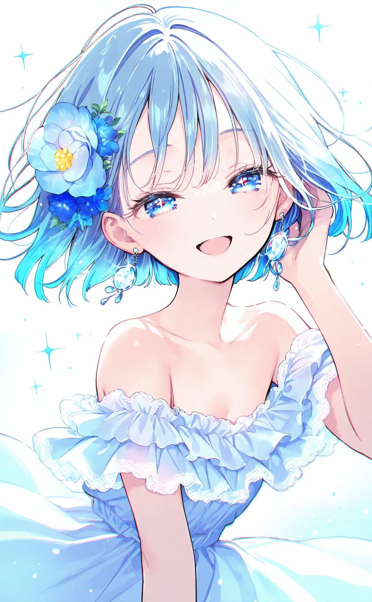 masterpiece,highres,absurdres,newest,best quality,loli,petite,high quality,chromatic_aberration,//,1girl, flower, solo, hair_ornament, hair_flower, earrings, jewelry, blue_hair, blue_eyes, smile, dress, off-shoulder_dress, open_mouth, looking_at_viewer, frills, short_hair, bare_shoulders, blue_flower, frilled_dress, upper_body, white_dress, off_shoulder, hand_in_own_hair, bob_cut, blue_theme, multicolored_hair, white_background, glint, light_particles, :d, sparkle, gradient_hair, eyelashes, lace_trim//,//,<lora:chun_paretto——【noob】hans:1>,