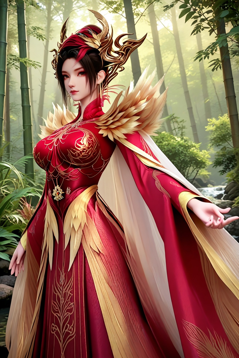 A woman standing with her hands on her hips, one foot slightly forward, looking straight ahead.,<lora:XL16神国之上神子娘娘:1.05>,1girl,red corset gown,brown eyes,black hair,red streaked hair,hair ornament,yellow feathers capelet,white cape train,wide flowing sleeves,(large breasts:1.2),bamboo forest,water,river,stone,, score_9,score_8_up,score_7_up,score_6_up,score_5_up,score_4_up,3d rendering,tag1,tag2, Cinematic Lighting,backlighting,