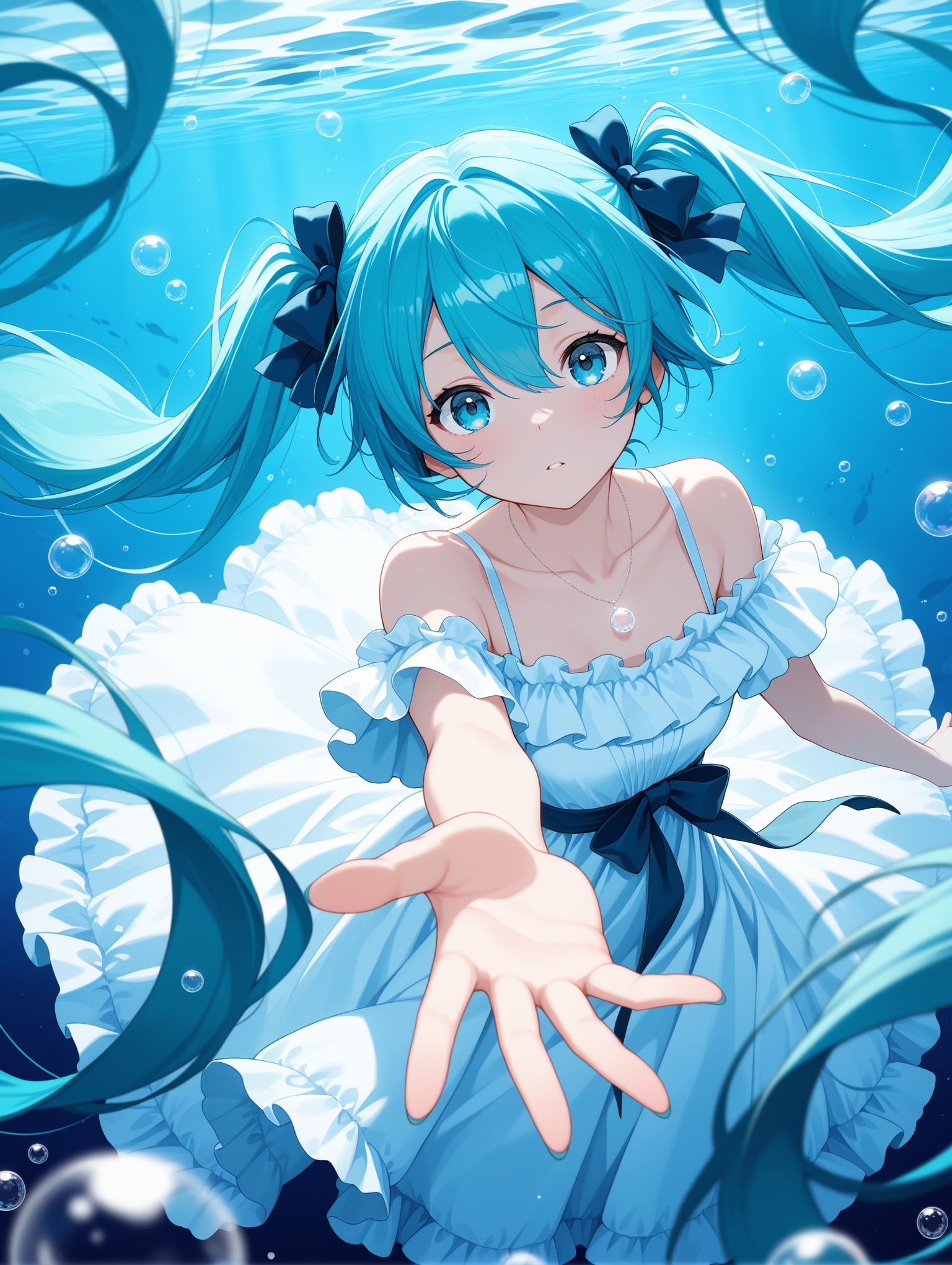 1girl, hatsune miku, dress, long hair, jewelry, white dress, blue eyes, necklace, bubble, solo, underwater, hair between eyes, looking at viewer, bangs, blue hair, bow, reaching towards viewer, blue theme, air bubble, hair bow, collarbone, floating hair, frills, twintails, blurry foreground, frilled dress, off-shoulder dress, bare shoulders, blurry, very long hair,masterpiece,best quality,amazing quality,