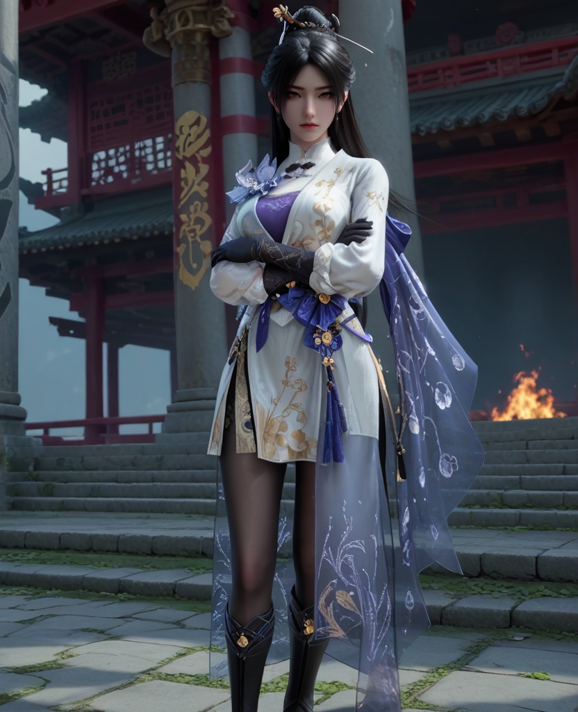 (oriental architecture, elegant decor, sophisticated style:1.1),(crossed arms:1.1),(breasts:1.2),<lora:XL永劫无间顾清寒冰雁:0.95>,miss guqinghan,white dress,purple lingerie,sash,black hair,long hair,hair ornament,black gloves,black pantyhose,black boots,fart curtain,, score_9,score_8_up,score_7_up,score_6_up,score_5_up,score_4_up,3d rendering,tag1,tag2, Cinematic Lighting,backlighting,