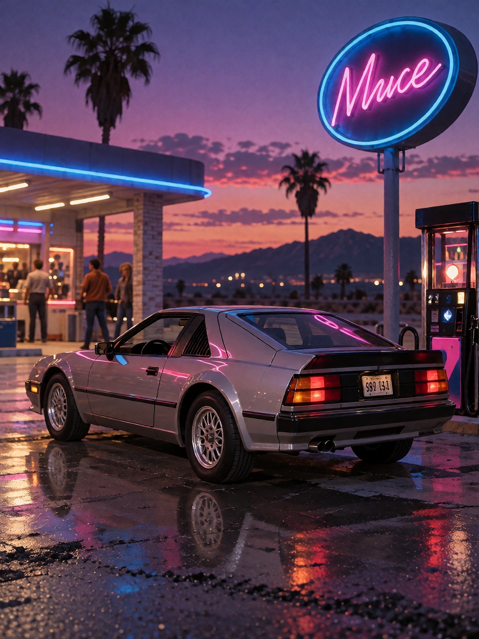 a synthwave album cover,  a neon-lit 1980s gas station in the desert at dusk,  a sleek retro sports car on Tensor.Art