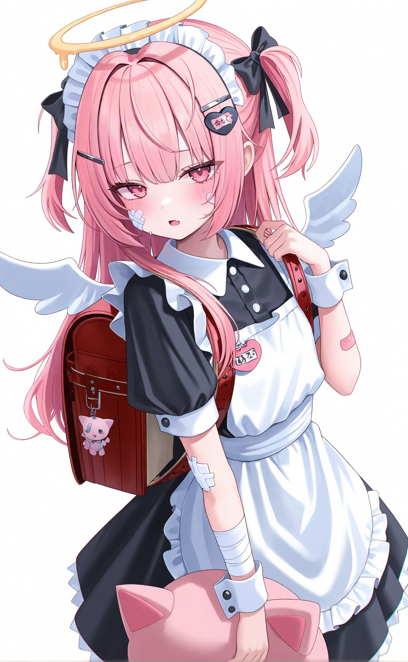 masterpiece,absurdres,best quality,loli,((petite)),high quality,chromatic_aberration,photorealistic,//,1girl, backpack, randoseru, bag, bandaid, pink hair, maid headdress, hair ornament, halo, solo, wings, angel wings, stuffed toy, apron, long hair, dress, white background, bandaid on arm, bow, blush, two side up, looking at viewer, maid, red bag, black bow, simple background, short sleeves, stuffed animal, stuffed cat, white apron, pink eyes, black dress, frills, hair bow, puffy sleeves, hairclip, holding, maid apron, bandaid on face, wrist cuffs, puffy short sleeves, bandages, white wings, holding stuffed toy, gauze, bandaid on cheek, collared dress, bag charm, bandaged arm, frilled apron, cowboy shot, open mouth, charm (object), name tag, hair intakes, mini wings, frilled dress, sidelocks<lora:12.17lczz new:0.8>