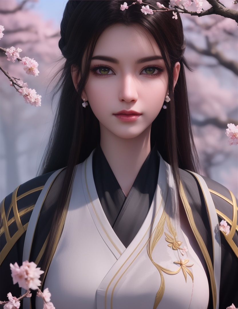 ultra realistic 8k cg, picture-perfect face, flawless, clean, masterpiece, professional artwork, famous artwork, cinematic lighting, cinematic bloom, perfect face, beautiful face, fantasy, dreamlike, unreal, science fiction, huge breasts, beautiful clothes, lace, lace trim, lace-trimmed legwear,  (rich:1.4), prestige, luxury, jewelry, diamond, gold, pearl, gem, sapphire, ruby, emerald, intricate detail, delicate pattern, charming, alluring, seductive, erotic, enchanting, hair ornament, necklace, earrings, bracelet, armlet,halo((,1girl, pov,))(((cherry_blossoms, branch, 1girl, tree, spring_\(season\), solo, petals, black_hair, japanese_clothes,looking at viewer, )))     <lora:DA_YueYaoMenswear:0.6>