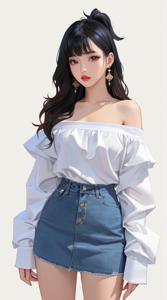 (best quality), ((masterpiece)), (highres), illustration, original, extremely detailed,<lora:韩の时尚衣橱:0.7>1girl, solo, skirt, black hair, long hair, jewelry, shirt, earrings, off shoulder, looking at viewer, white shirt, simple background, sleeves past wrists, off-shoulder shirt, parted lips, denim, blue skirt, long sleeves, white background, lips, bare shoulders, one side up, standing, red lips, black eyes