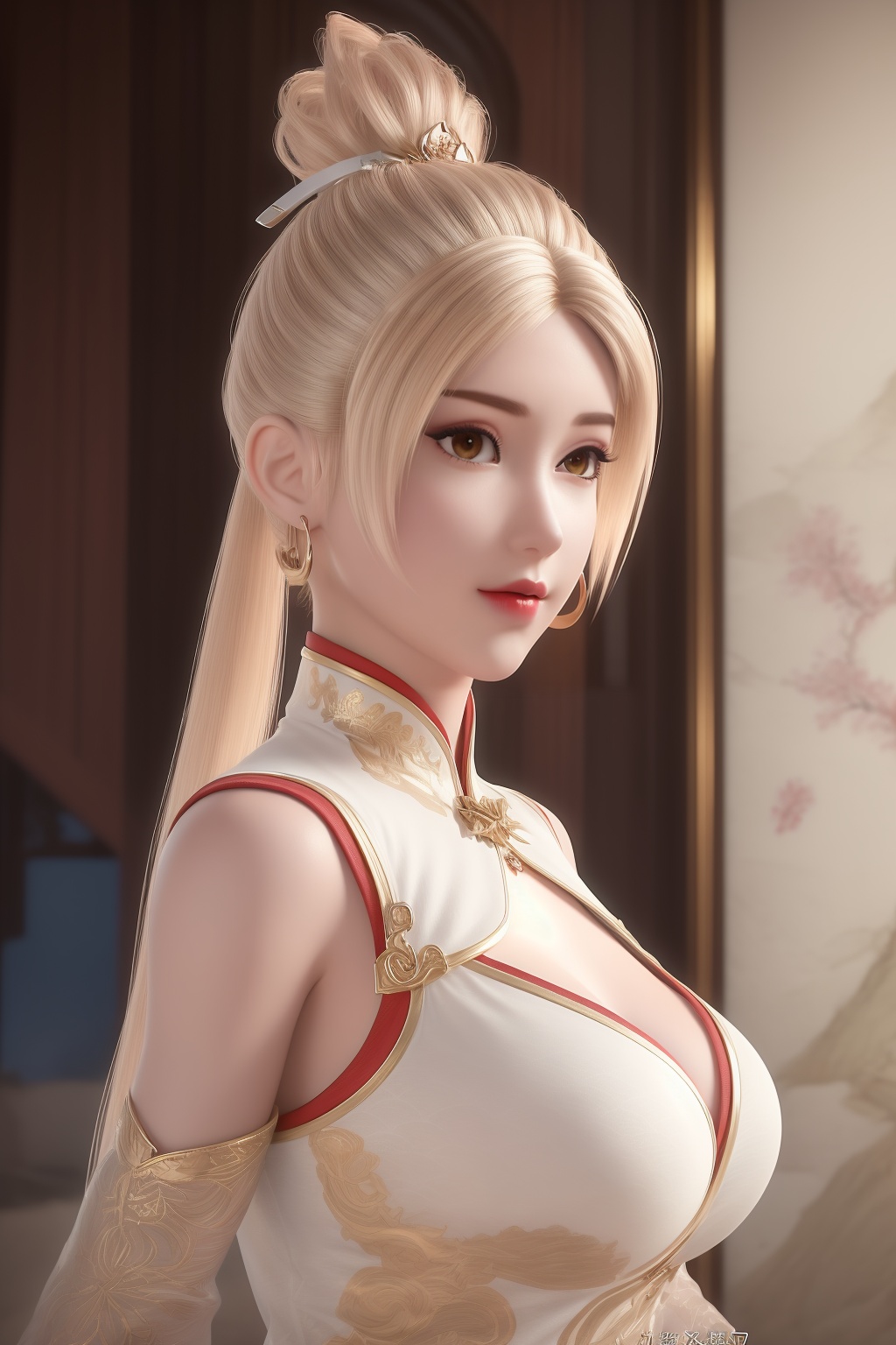 (8k, RAW photo, best_quality),(masterpiece:1.2),(realistic:1.2),(photorealistic:1.3),(ultra-detailed),(extremely_detailed_cg_8k_wallpaper),(crystal_texture_skin:1.3),(shiny:1.2),(shiny_skin:1.4),(extremely_delicate_and_beautiful),petals,flower,sky,cherry blossoms,falling petals,fair skin,shenfengXiaoNingEr,1girl,solo,dress,chinese clothes,clothing cutout,torogao,breasts,large breasts,lipstick,blonde hair,standing,jewelry,hair ornament,earring,necklace,realistic,looking at viewer,<lora:shenfengXiaoNingEr_20240716085820-000004:0.7>,