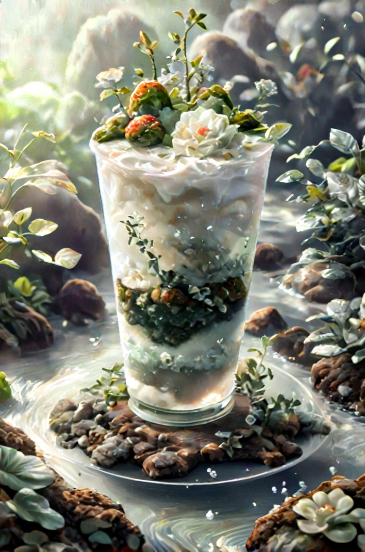 SY Miniature Photography,parameters: "(Masterpiece, Boutique, Boutique, Official Art, Beauty, Aesthetics:1.2),Ice and Snow Wrap Paper Cup,Water Wrap Paper Cup,Milky white transparent water,Chinese three-dimensional fruit painting,a variety of fruits,Ice and Snow Theme,Surrealist Fantasy Style,Cream Organic Liquid,Ray Tracing,Foreground Occlusion,Natural Light,Jungle,C4,