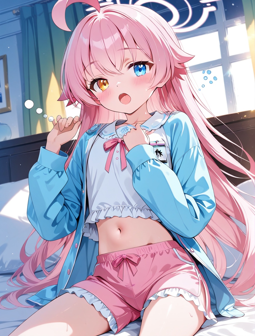 O,hoshino (blue archive),1girl, hoshino (blue archive), solo, pink hair, heterochromia, ahoge, shorts, long hair, navel, pajamas, halo, blue eyes, open mouth, pink pajamas, blush, yellow eyes, simple background, looking at viewer, long sleeves, pink shorts, shirt, bangs, short shorts, yawning, thighs, cowboy shot, hair between eyes, sleepy,(UHD),anatomically correct,ccurate,textured skin,super detail,high details,award winning,best quality,high quality,retina,16k,HD,1080P,8k,