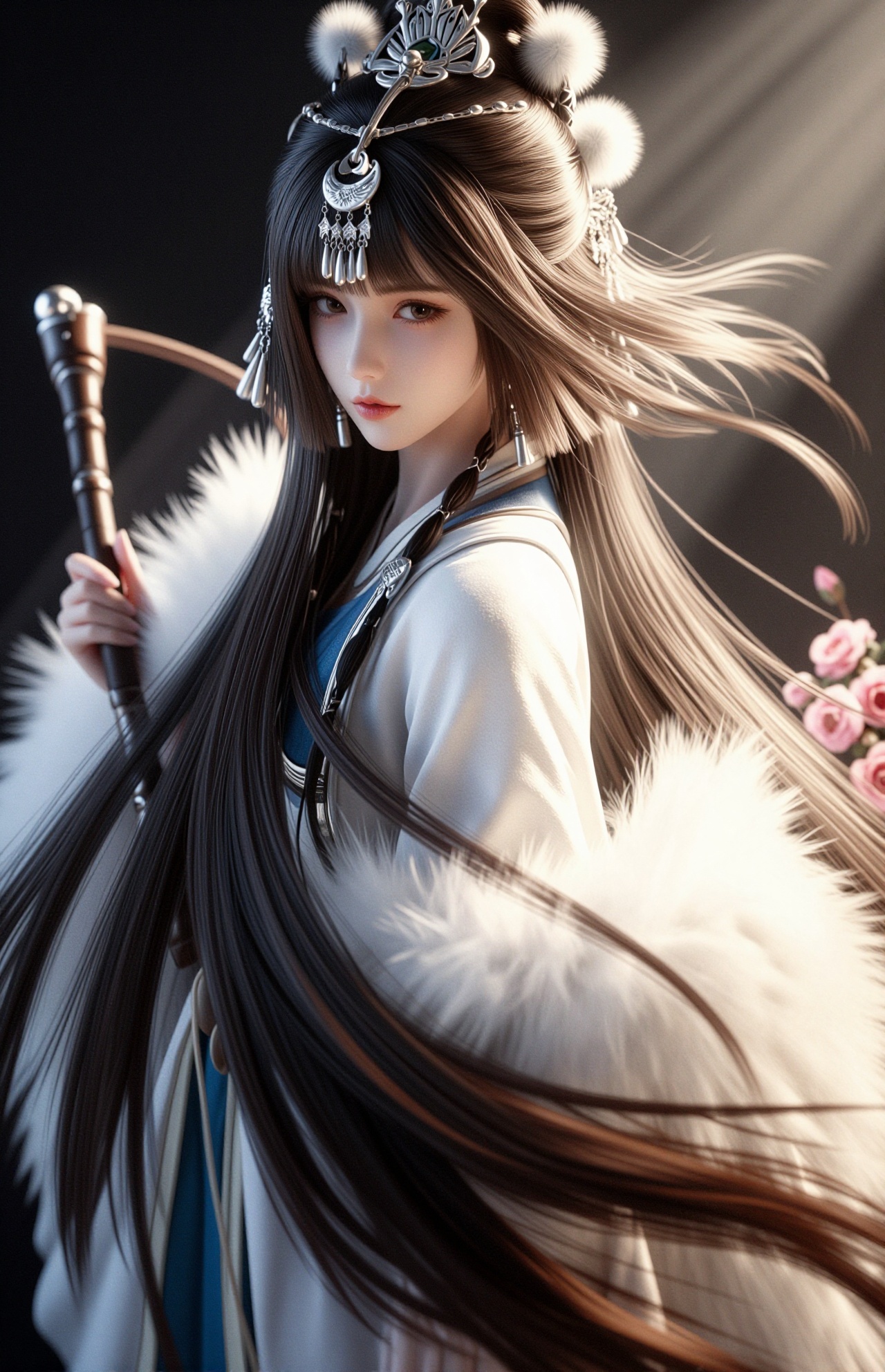 YY Anime style,淡彩，个性视角，场景随机，古风美人，皮肤白皙嫩滑，倾国倾城容貌，含香公主，古风华丽异域配饰，配饰繁复有特点，头饰带毛球流苏，五官精致立体，身着冬季古风白蓝色异域风情衣物，衣物华丽有特色，灵动可爱，高对比度，虚焦，高颜值，既视感，情绪氛围感拉满，暗朦，光朦，泛白，褪色，漏光，胶片颗粒质感，层次丰富，写意，朦胧美学，光的美学，lomo效果，超现实，高级感，杰作真人摄影，古风美女，摆pose。现代风格。 故事感山海经巫山神女，皮草，复古装饰，银饰，金属额饰，碎发随风摆动，复古发饰，超长流苏，很多细碎辫子油画风唯美朦胧美手拿皮鞭神秘，安静，清冷端庄清冷优雅知性清冷感妆容绝美少女妩媚y2k时尚精致服饰温柔大美人黑茶色长发，发型分层剪裁，内层过肩直发垂顺，外层及耳短发呈蓬松弧状包裹内层，发尾保留整体长发垂坠感，内外层通过层次落差形成立体轮廓。避免齐长发型、拒绝均匀发尾、不要整体短发。发梢微卷。 从容英气自带疏离感。唯美。艺术。大师级审美。二次元。晕染，渲染。大师级构图，大师级配色，大师级打光，非传统构图的艺术，耀变+反射，年代，特写，微光，宿命感，故事感，宿命感，发丝飘扬飞舞丁达尔效应，鲜花，粉色玫瑰花，簪花少女，特写，渐变磨砂质感，双重曝光，胶片，弥散光学，优雅动态角度，高级感，淡雅简约，故事感