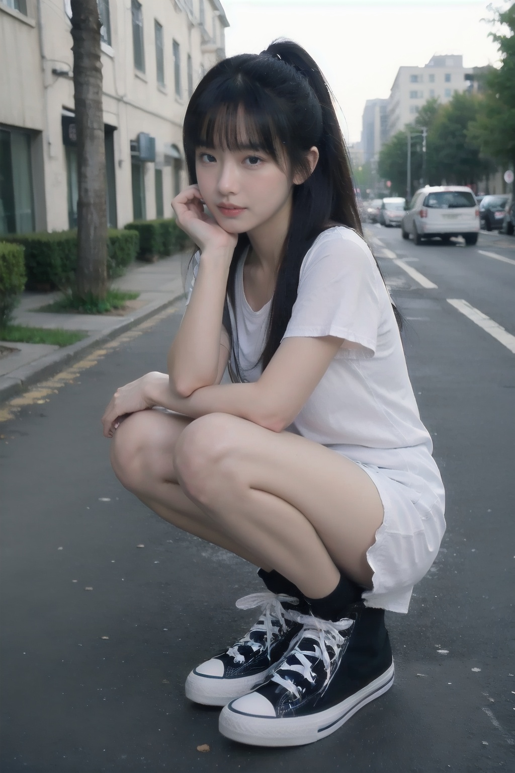 masterpiece,best quality,ultra detailed,detailed face,8K,1girl,solo,squat,leg,shoes,cvas,black shoes,<lora:converse all star:1>,