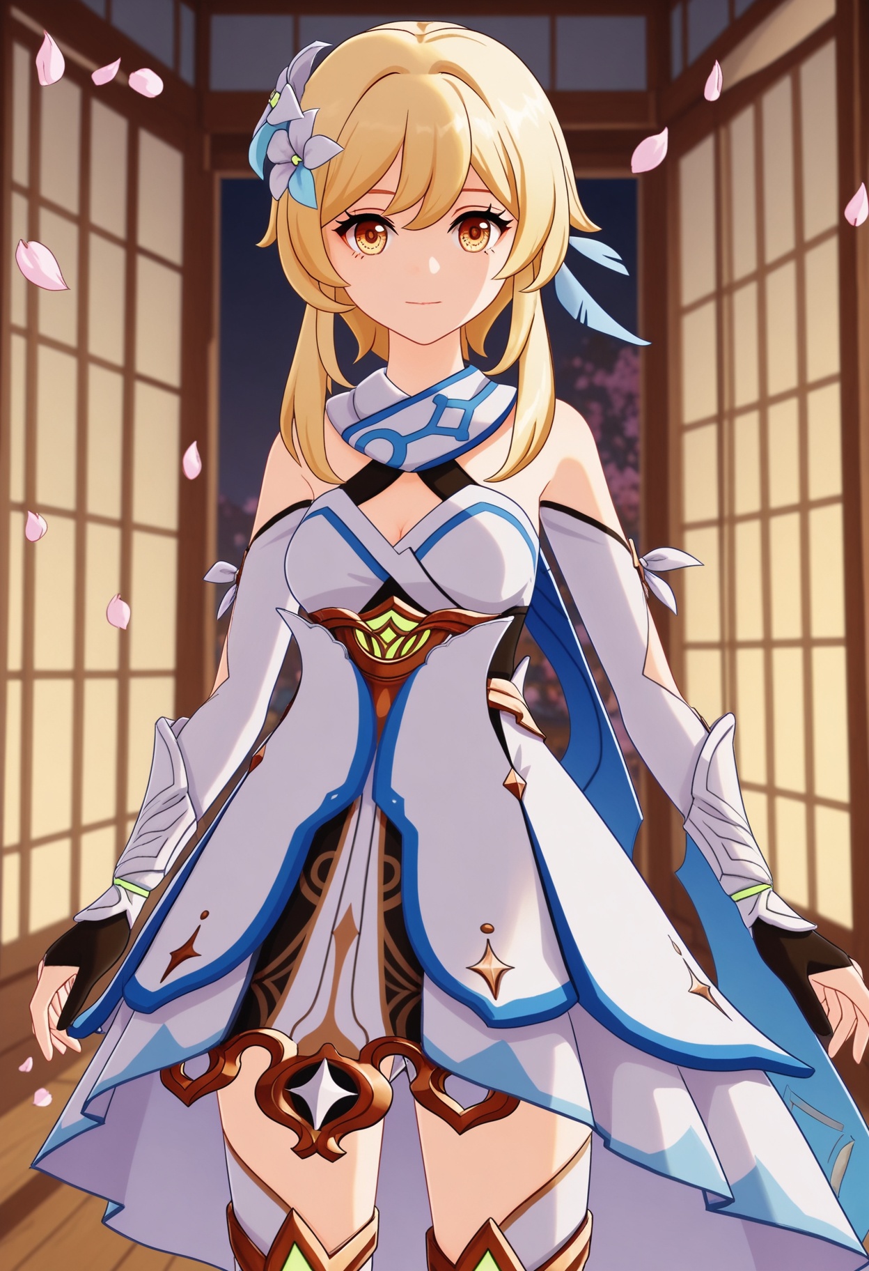 (cowboy shot:1.2),looking at viewer:1.1,masterpiece,(best quality),(mutated_hands:-1.2),(bad hands:-1.2),smog,Dark room,dim lighting,peach blossom,falling petals,<lora:YQ_Illustrious光辉v5_荧_V1:0.8>,q1528437228,1girl,solo,lumine (genshin impact),blonde hair,hair ornament,dress,hair flower,white dress,short hair with long locks,detached sleeves,yellow eyes,scarf,sidelocks,feather hair ornament,gloves,white thighhighs,boots,