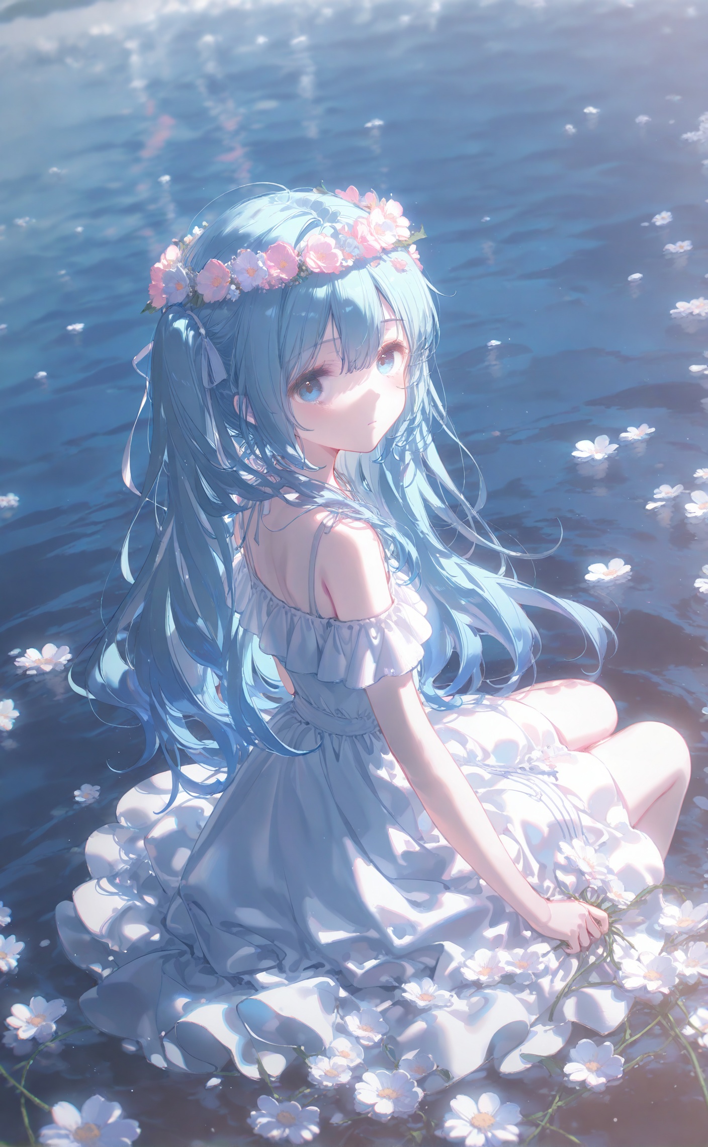 masterpiece,very aware,highres,absurdres,newest,best quality,loli,petite,high quality,chromatic_aberration,cinematic_angle,dutch angle, //,artist:ciloranko,artist:ningen_mame,artist:sho_(sho_lwlw),artist:rhasta,artist:wlop,artist:ke-ta,artist:hiten \(hitenkei\),//,1girl, solo, long hair, looking at viewer, bangs, blue eyes, hair ornament, dress, hair between eyes, bare shoulders, sitting, blue hair, flower, looking back, hair flower, water, white dress, blue flower, head wreath, hatsune miku <lora:lora-000007.by_tusi:0.8>