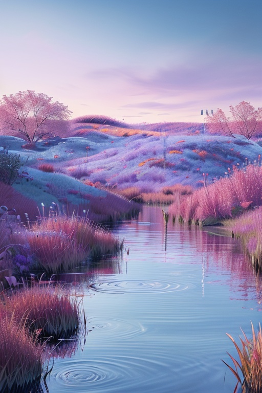 pd_3dcaodi,red-purple lawn,outdoor,landscape,trees,no humans,reflection,sky,red-purple sky,water,nature,<lora:PD_3Dcaodi_V1-000014:0.7>,