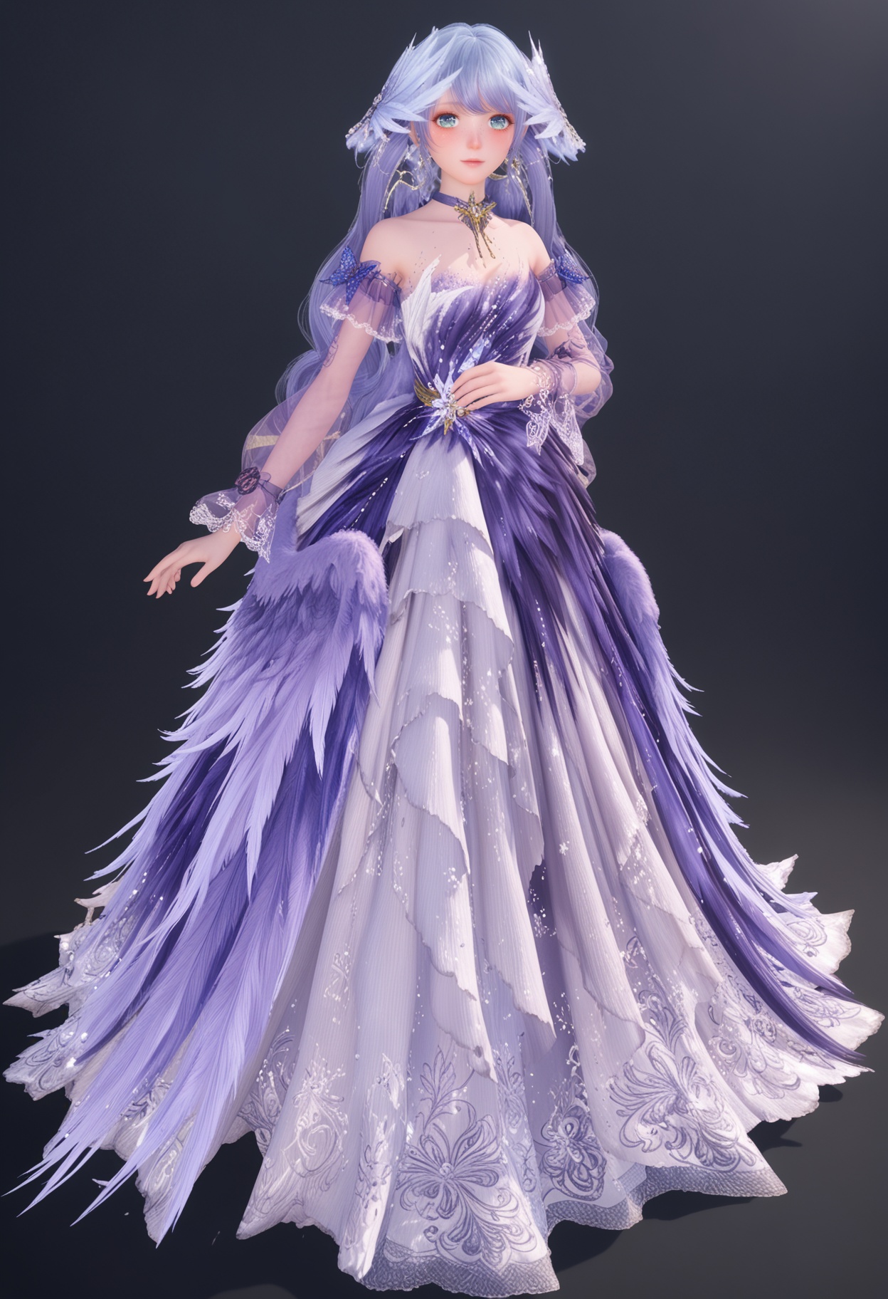 (full_body:1.1),(looking at viewer:1.1),facing viewer,direct gaze,<lora:YQ_pony_nuannuan21_chiyubuyu_zhigengniaoranse_V4:0.8>,see-through,see-through long_sleeves,1girl,solo,long hair,dress,jewelry,earrings,choker,purple dress,blue hair,purple hair,hair ornament,blue eyes,twintails,purple choker,BREAK (white skin:1.1),(fair skin:1.1),(Ivory skin:1.1),(shiny skin),perfect anatomy,(simple background,pure black background,black background:1.1),
