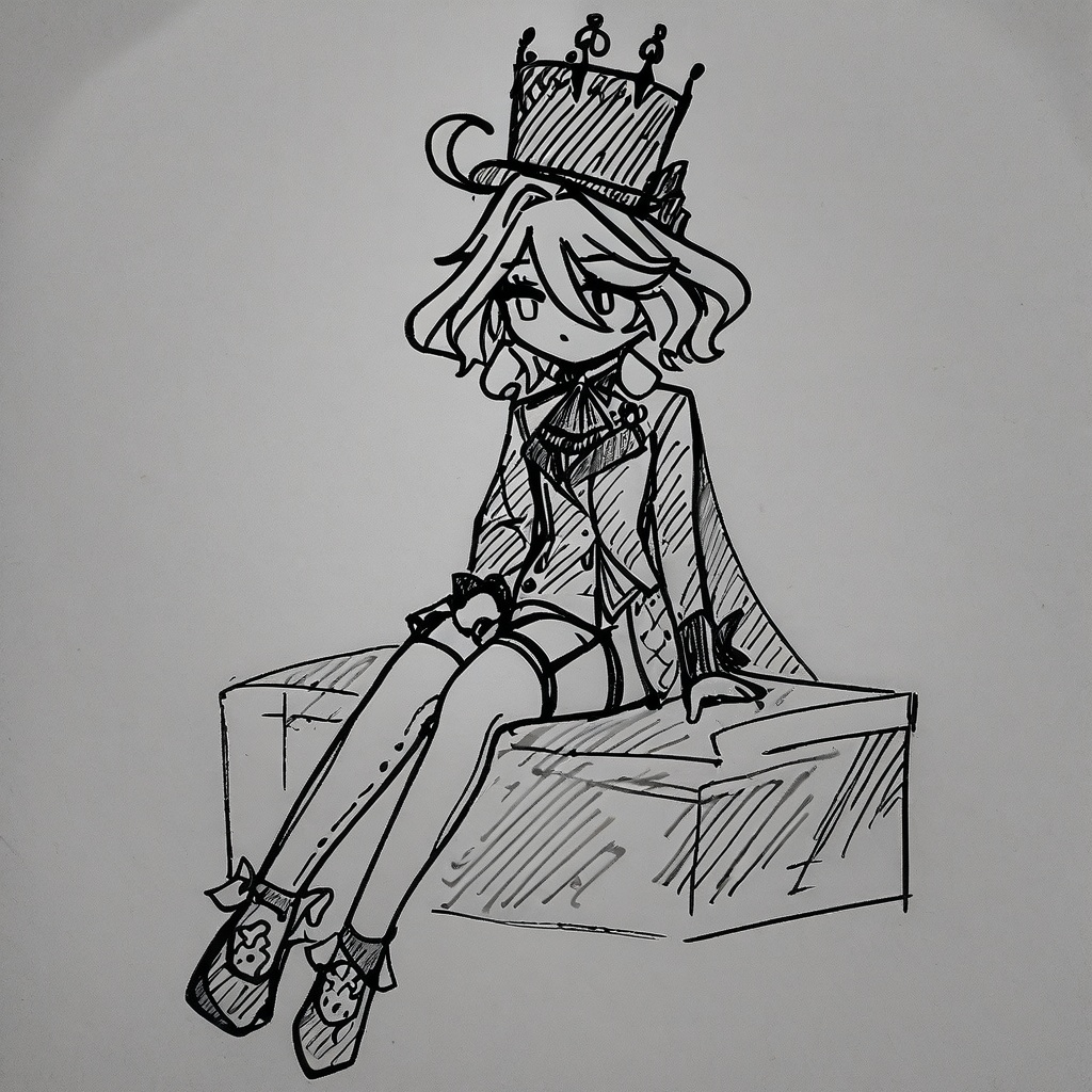 <lora:style52-a31-000018:1>, greyscale,lineart,sketch,1girl,solo,furina \(genshin impact\), top hat,full body,sitting, white background, 