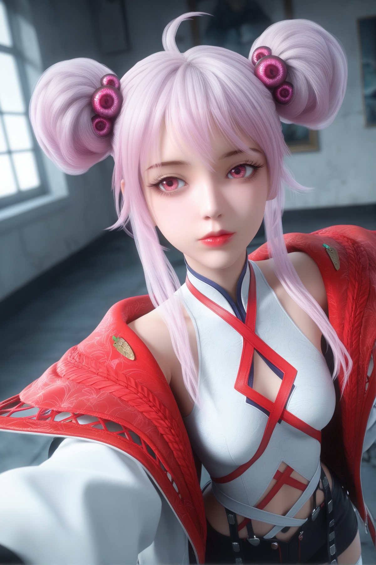 masterpiece,best quality,realistic,cinematic,detail eyes,(ultra-detailed),perfect composition,intricate details,absurdres,detailed face,high quality,high res,8K,<lora:X_zhizhu_IL4.0:0.8>,1girl,double bun,solo,pink hair,thighhighs,jacket,hair bun,ahoge,blurry background,blurry,open jacket,open clothes,clothing cutout,red lips,simple background,white wall,window,upper_body,foreshortening,