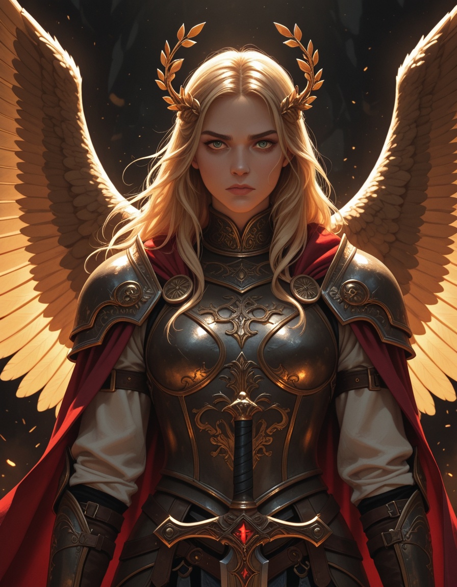 epic fantasy portrait of an armored valkyrie wielding a sword. golden wings,  blonde hair,  stoic expression on Tensor.Art