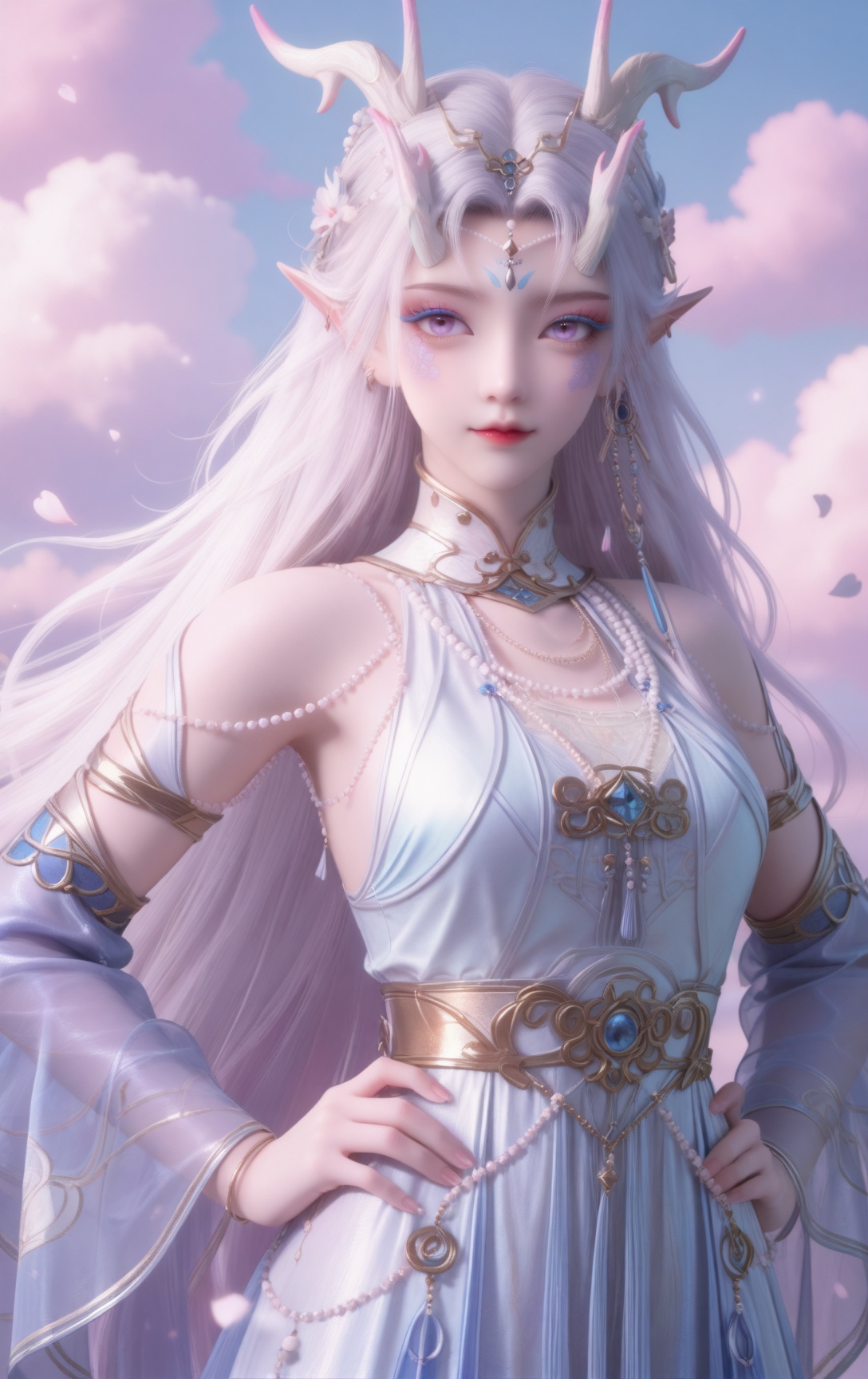 1girl,solo,long_hair,looking_at_viewer,hair_ornament,white_dress,closed_mouth,jewelry,bare_shoulders,white_hair,flower,earrings,horns,detached_sleeves,hands_on_hips,misty celestial fairyland,floating lily petals,light particle effects,wispy clouds,translucent mist,gentle luminous glow,serene backdrop,<lora:封念云_il_purged:0.8>,