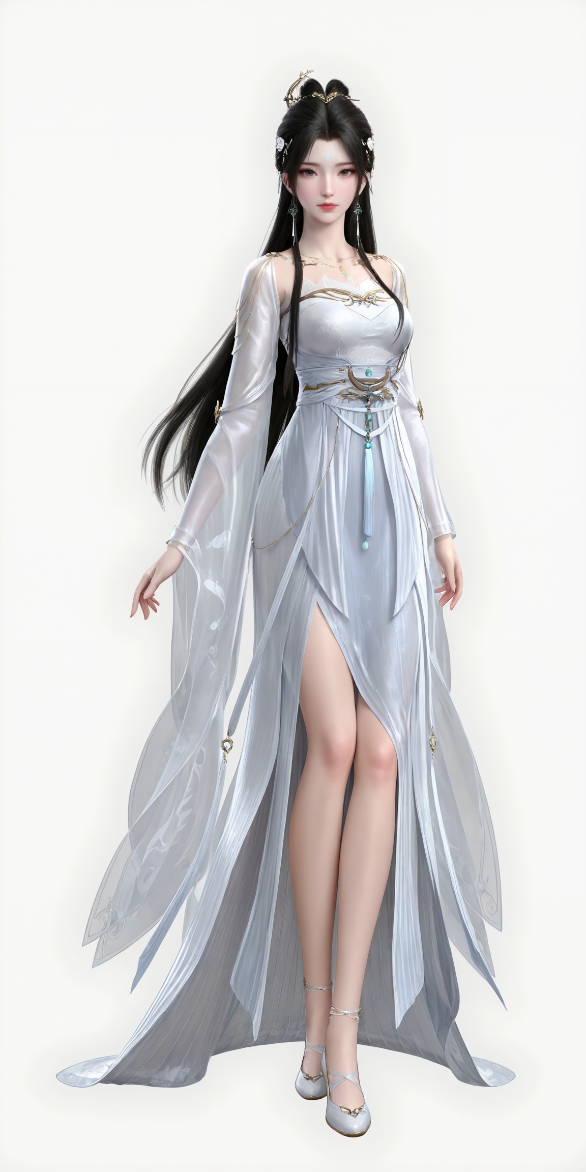 masterpiece,high quality,tall,game cg,highres,(soft light:1.2),white_skin,(shiny_skin:0.6),(realistic:1.1),lvjing,<lora:清漪:0.6>,qingyi,1girl,solo,earrings,jewelry,hair ornament,hair_bun,long hair,closed mouth,portrait,forehead mark,facial mark,black hair,looking_at_viewer,white_background,simple background,legs,long legs,white footwear,full body,