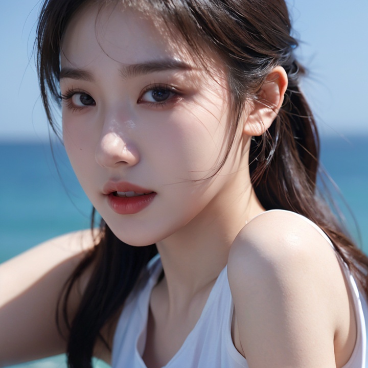 front angle,(8k, best quality, masterpiece:1.2),(realistic, photo-realistic:1.37),ultra-detailed,1girl, solo, looking_at_viewer, realistic, blue_background, teeth, lips, long_hair, upper_body, open_mouth, ****_top, <lora:YG初恋白净小姐姐1:0.7>,