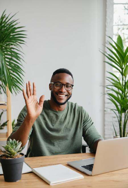 African American male, smiling, waving, eyeglasses, casual clothing, sitting at desk, laptop, home office, indoor, daylight, notebook, writing utensil, modern decor, house plants, bookshelf, natural lighting, cheerful expression, smartwatch, comfortable environment, clear focus, medium shot. 