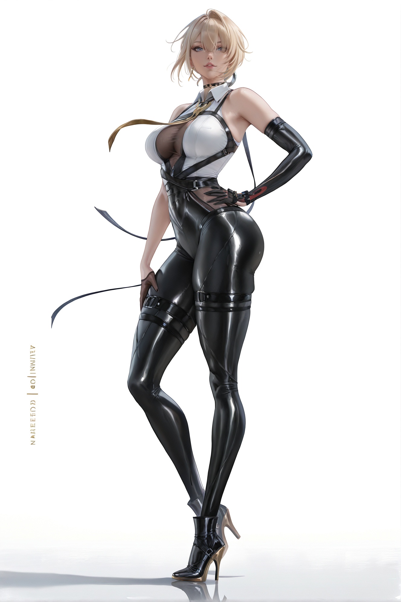 8k,best quality,masterpiece,(ultra-detailed),(high detailed skin),masterpiece,best quality,artist:zd_1995,artist:OlchaS,artist:sakimichan,sakimichan \(style\),jijia,2d,ambient light,full body,full shot,standing,looking at viewer,(solo:1.2),simple background,(white background:1.2),hand on own hip,(white background:1.1),<lora:Evelyn-ill-Tanger-000014:0.8>,Evelyn \(zenless zone zero\),clothes: def Evelyn clothes,no jacket,1girl,gloves,blonde hair,necktie,short hair,black pants,black footwear,