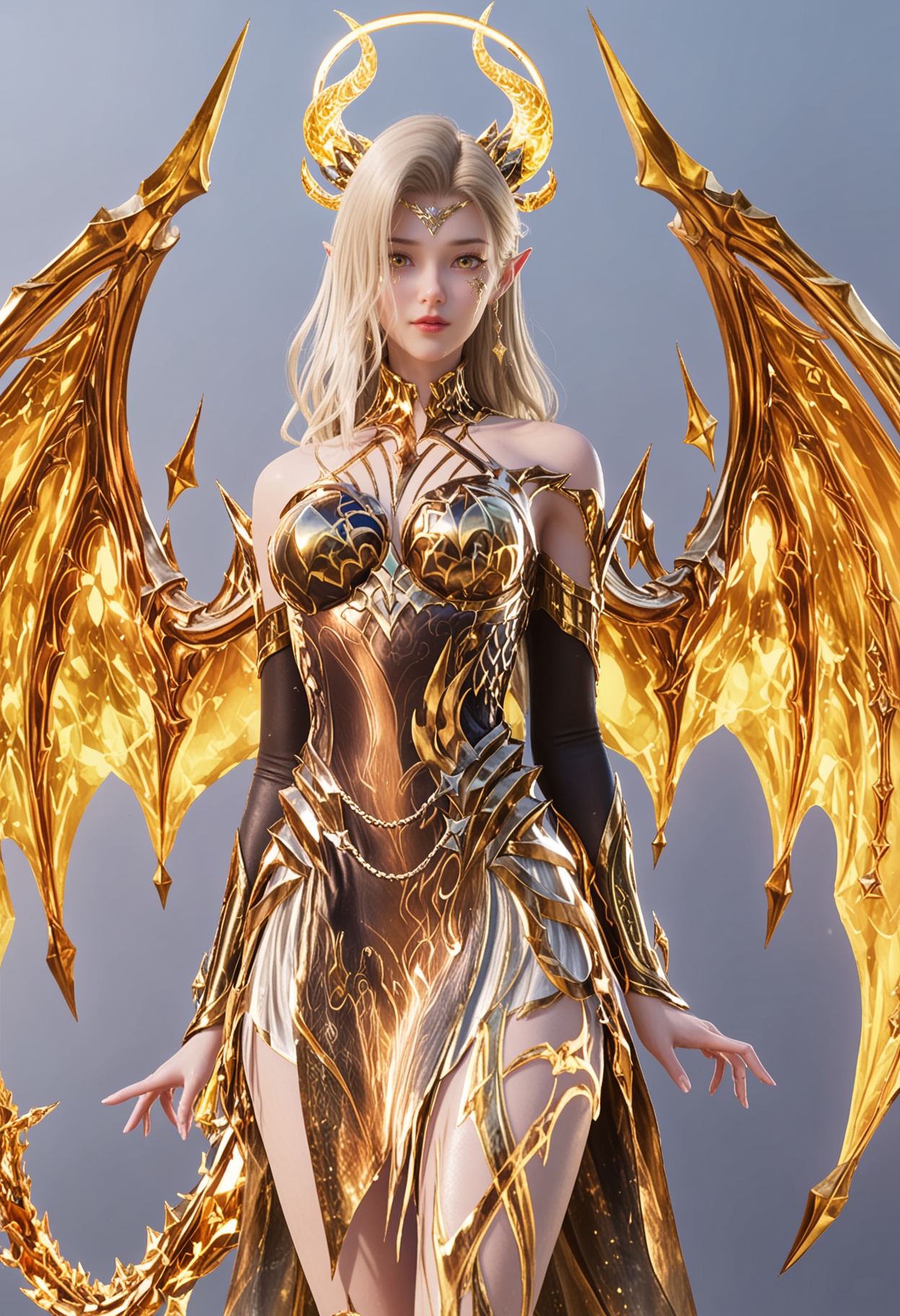 score_9,high detail,best quality,cinematic lighting,volumetric lighting,shiny skin,shiny,1girl,solo,blonde hair,pointy ears,jewelry,yellow eyes,long hair,dragon wings,dragon horns,halo,looking at viewer,white background,earrings,detached sleeves,gold trim,dress,breasts,armor,bare shoulders,tail,arms_behind_back,simple background,<lora:QQSponyshengyulonglingV1:0.8>,<lora:Pony_DetailV2.0:0.8>,<lora:皮肤凹痕:0.1>,