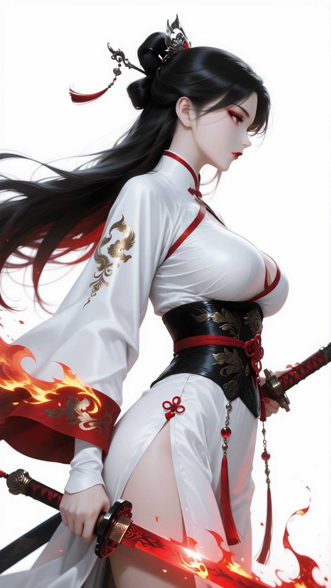 1girl,weapon,sword,breasts,solo,long hair,black hair,holding,holding weapon,holding sword,large breasts,hair ornament,red eyes,chinese clothes,wide sleeves,makeup,long sleeves,from side,sash,red lips,fire,white dress,profile,closed mouth,dress,white background,underbust,simple background,corset,<lora:光辉大脚:0.8>,
