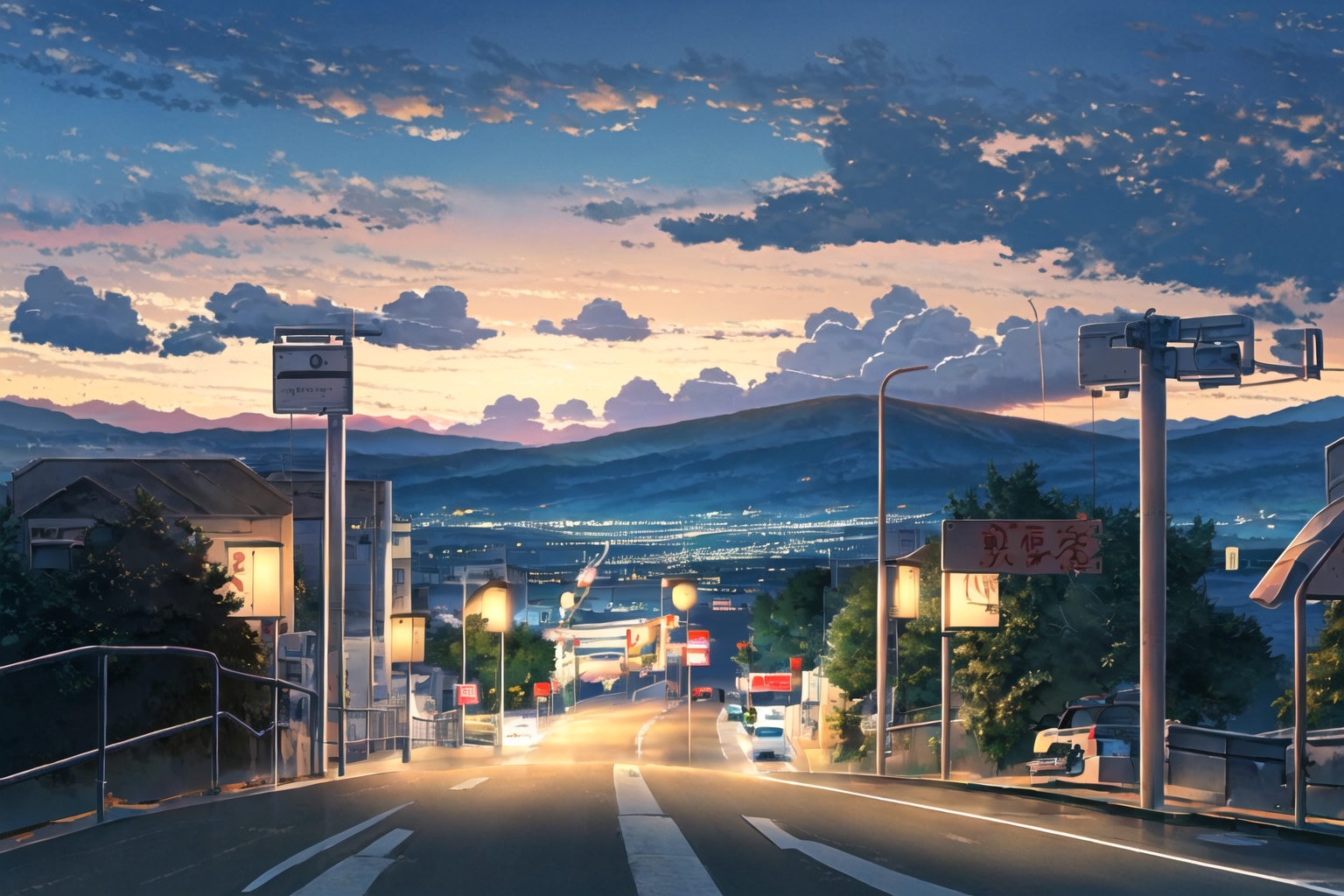 dream, New Haicheng Animation Style, outdoors, sky, cloud, no humans, night, cloudy sky, ground vehicle, building, scenery, motor vehicle, sunset, mountain, city, car, road, lamppost, street, mountainous horizon, guard rail