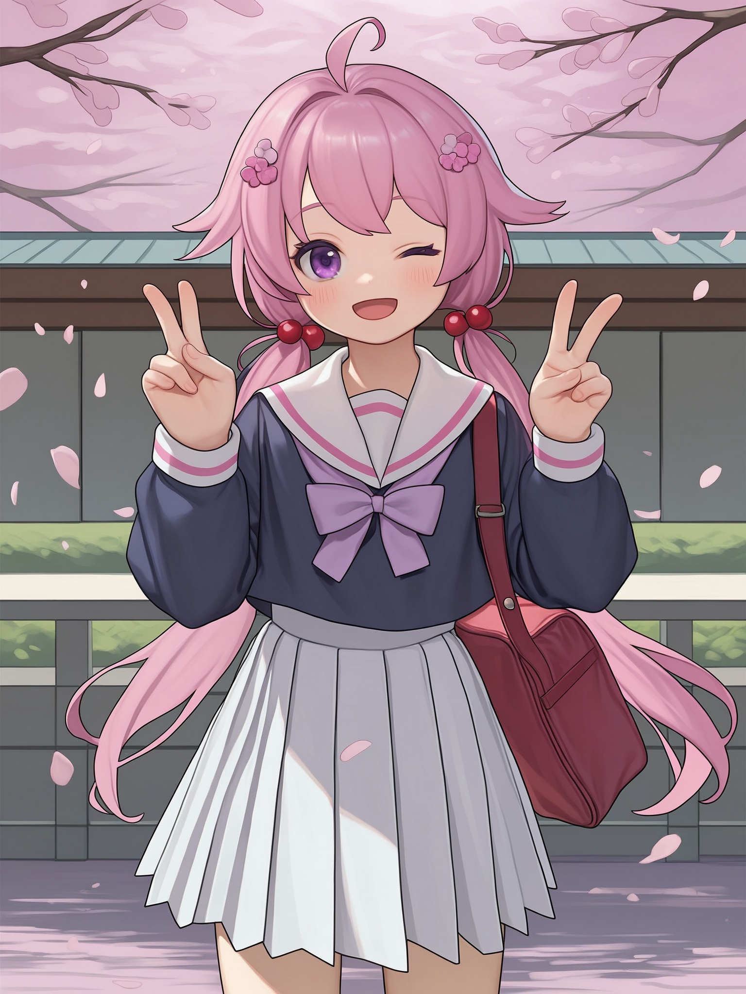 score_10,score_9,score_8_up,score_7_up,1girl,pink hair,one eye closed,purple eyes,school uniform,skirt,long hair,smile,twintails,ahoge,pleated skirt,white skirt,hair ornament,cherry blossoms,long sleeves,sailor collar,bow,v,open mouth,blush,white sailor collar,solo,low twintails,shirt,looking at viewer,outdoors,bag,serafuku,