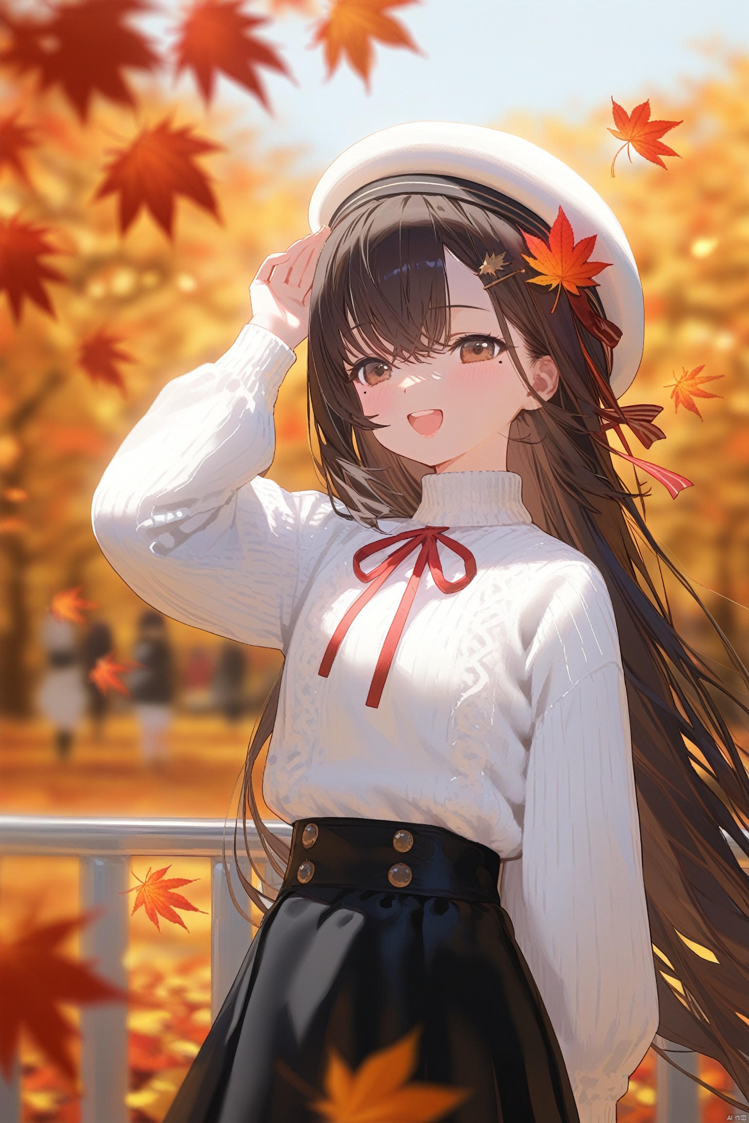 1girl, solo, skirt, long_hair, hat, maple_leaf, white_headwear, black_skirt, outdoors, long_sleeves, autumn_leaves, white_sweater, beret, bangs, smile, day, railing, red_ribbon, sweater, blurry, leaf, ribbon, very_long_hair, hair_between_eyes, depth_of_field, open_mouth, :d, hair_ornament, blurry_background, autumn, neck_ribbon, mole_under_eye, hand_up, puffy_long_sleeves, wind, puffy_sleeves, black_hair, brown_eyes, turtleneck