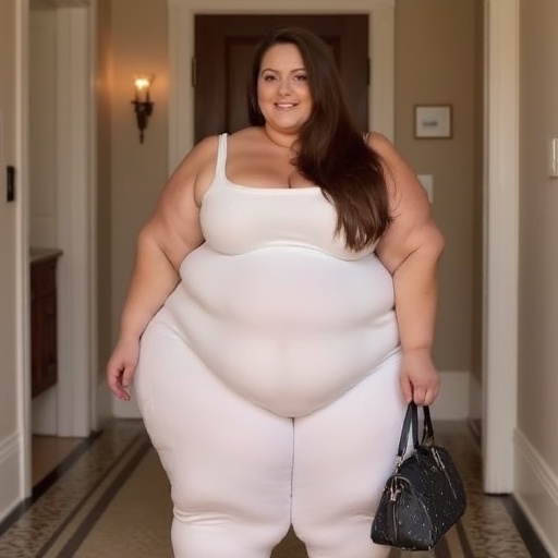 and white,  slightly rounded body with visible rolls on her stomach.,  This photograph captures a woman standing at the en...