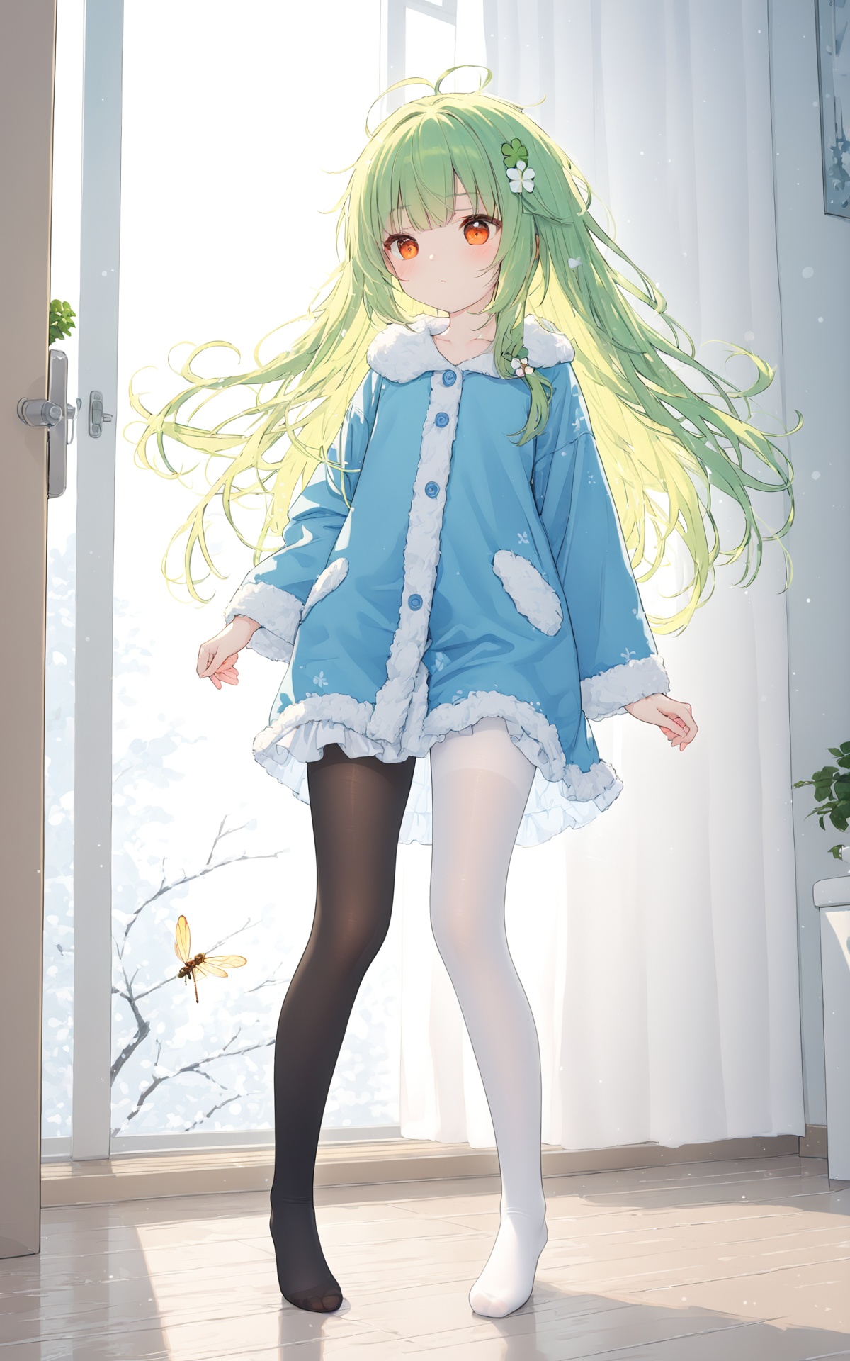 (masterpiece),(best quality),illustration,ultra detailed,hdr,Depth of field,(colorful),1girl,mint hair,orange eyes,clover hair ornament,long hair,disheveled hair,messy hair,plum blossoms,blue pajamas,branch,dragonfly,full body,mismatched legwear,white legwear,black legwear,pantyhose,xinniang,backlight,black pantyhose,white pantyhose,vibrantProj,