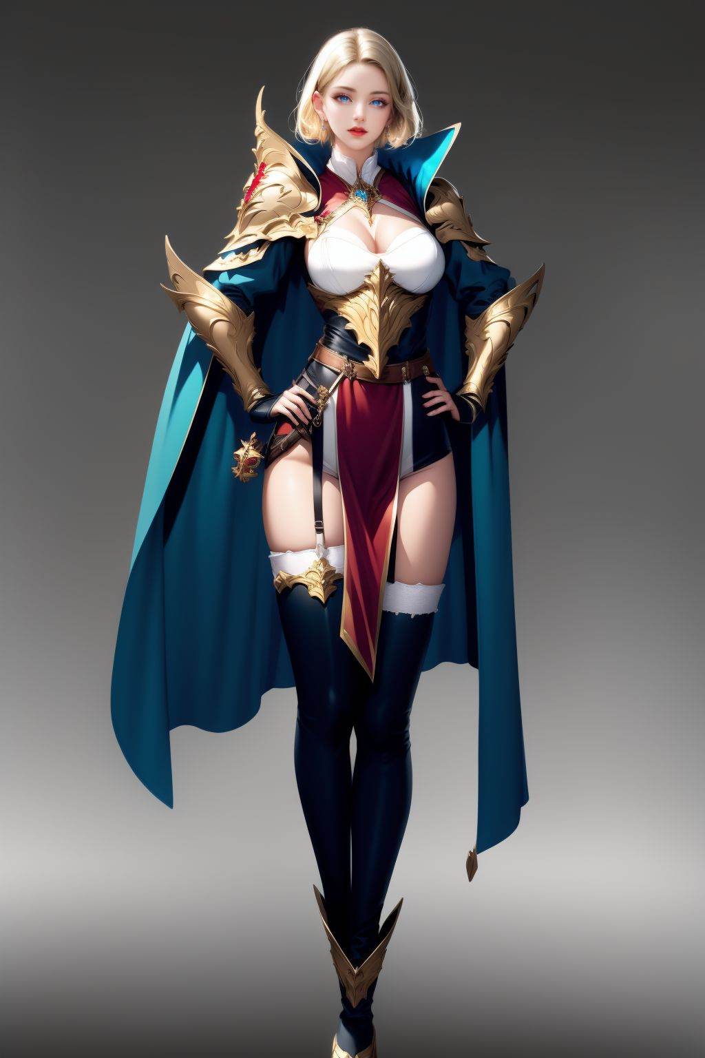 <lora:20250501_AgainGameCharacterLora:1>, 1girl, solo, breasts, blonde hair, thighhighs, armor, full body, shoulder armor, boots, looking at viewer, hand on own hip, cleavage, blue eyes, earrings, jewelry, pelvic curtain, pauldrons, standing, belt, cape, white thighhighs, knee boots, garter straps, medium breasts, fingernails, lips, leotard, short hair, red lips, black footwear, vambraces, large breasts, grey background, smoke, weapon, single pauldron, simple background, long sleeves, detached sleeves, sheath, closed mouth, asymmetrical clothes, collar, fingerless gloves, gradient background, medium hair, parted lips, puffy sleeves, blood
