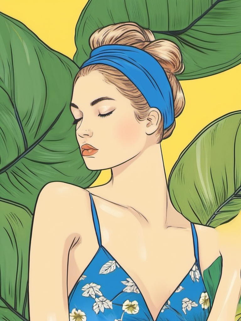 1NK ,  ,  The illustration shows shows a young woman in a blue one-piece swimsuit with a floral pattern. She is standing i...