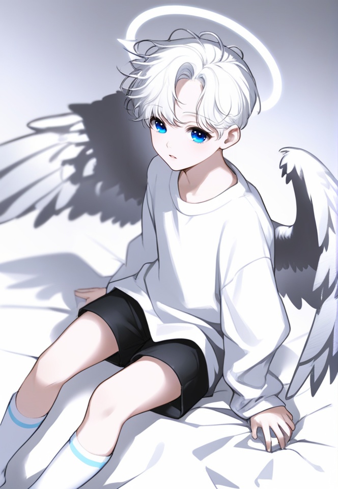 (best quality), ((masterpiece)), (highres), illustration, original, extremely detailed, <lora:男风XL:0.7>blue eyes, 1boy, solo, shorts, socks, male focus, wings, sitting, looking at viewer, angel wings, halo, long sleeves, angel, controller, shirt, game controller, no shoes, white theme, white hair, feathered wings, short hair, male child, black shorts, spot color, white shirt, white socks, bed sheet, on bed, parted lips, gamepad