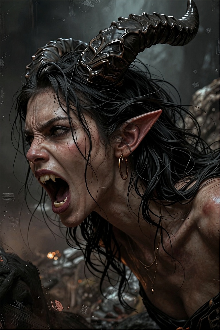 Highly detailed digital painting of a monstrous female creature screaming in profile,  showing raw emotion,  sharp yellowe...