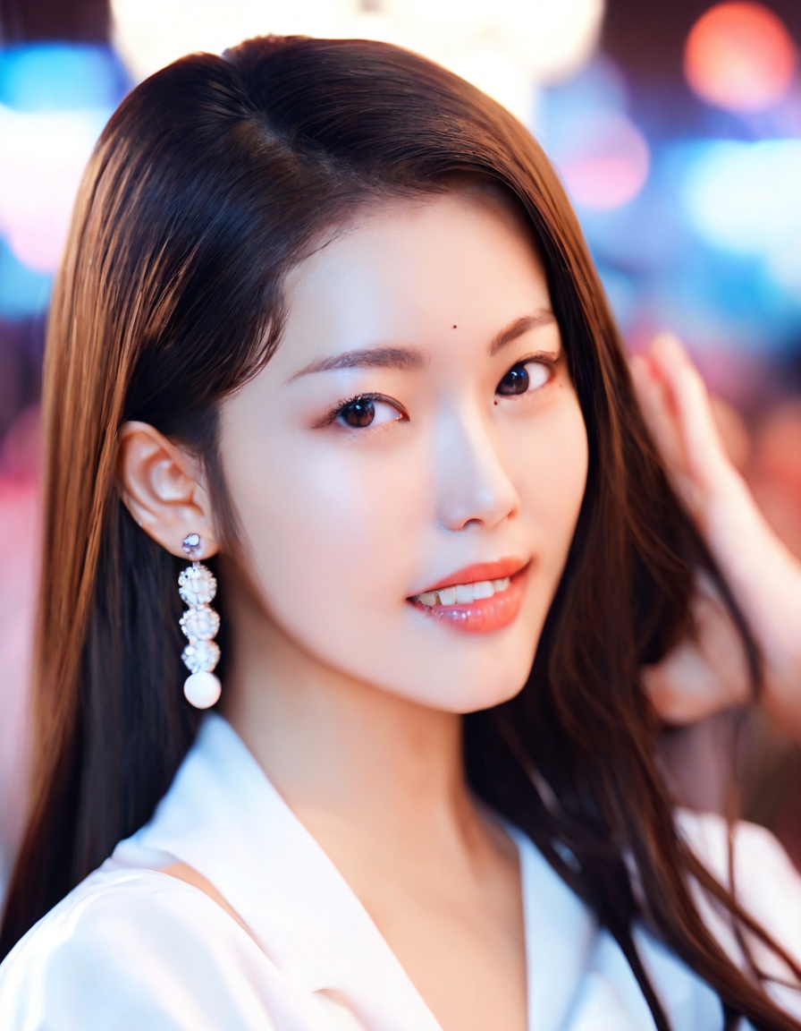 score_9,score_8_up,score_7_up,1girl,realistic,jewelry,looking at viewer,earrings,long hair,blurry,mole,blurry background,asian,photorealistic,solo,brown hair,black eyes,upper body,black hair,solo focus,k-pop,lips,teeth,white shirt,