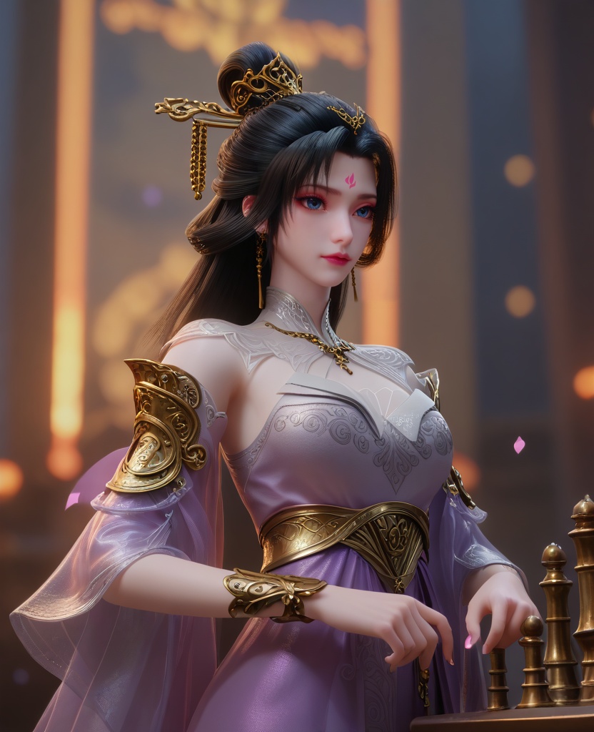 (oriental architecture, elegant decor, sophisticated style:1.1),(playing chess:1.1),(breasts:1.2),<lora:XL16克金玩家梅妃:0.95>,miss meifei,purple high slit corset dress,blue eyes,facial mark,black hair,draped looped buns with long cascading hair,hair ornament,jewelry,see-through capelet,bracelet,petals,, score_9,score_8_up,score_7_up,score_6_up,score_5_up,score_4_up,3d rendering,tag1,tag2, Cinematic Lighting,backlighting,, zPDXL3, zPDXL2,zPDXL, zPDXLxxx, zPDXLrl,