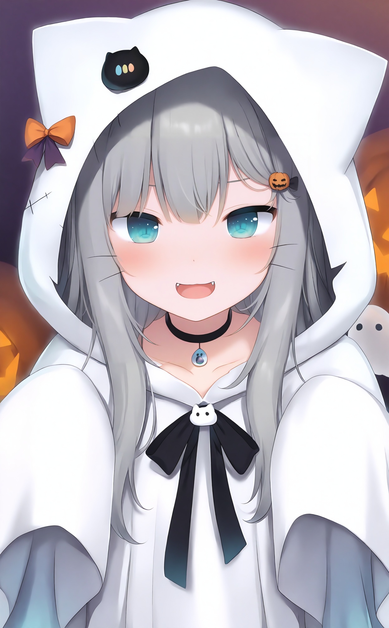 masterpiece,absurdres,best quality,loli,petite,high quality,//,1girl,grey_hair,halloween,ghost_costume,long_hair,virtual_youtuber,solo,halloween_costume,blue_eyes,choker,hood,looking_at_viewer,animal_ears,black_choker,animal_hood,hair_ornament,smile,fangs,cat_ears,bow,robe,open_mouth,upper_body,sleeves_past_fingers,jack-o'-lantern,food-themed_hair_ornament,hood_up,blush,cat,sleeves_past_wrists,cat_hair_ornament,hair_bow,long_sleeves,pumpkin,whiskers,cloak,aqua_eyes,//,<lora:gancheng1214——【noob】hans:1>,