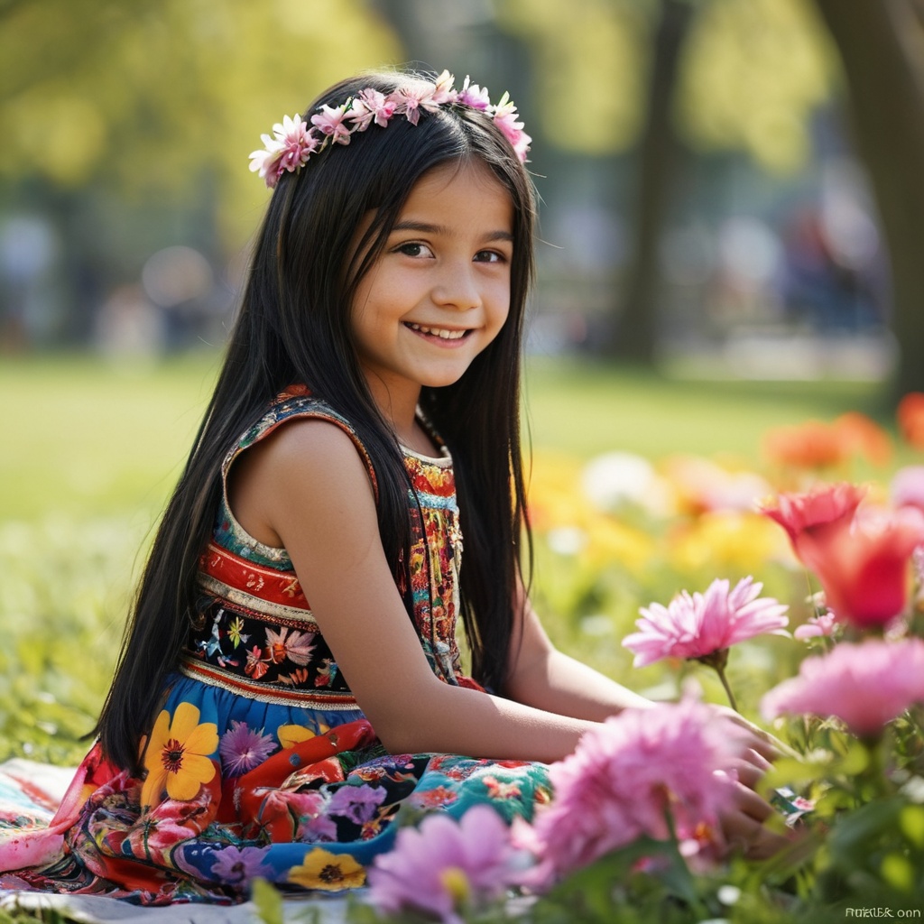 An 8-year-old girl with long,  straight black hair,  wearing a colorful traditional dress on Tensor.Art