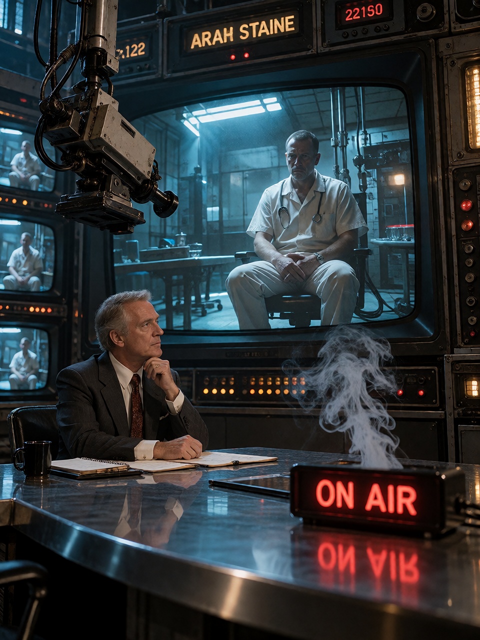 A retro-futurist television studio during a live state execution,  an ***** news anchor seated calmly at a glossy chrome d...