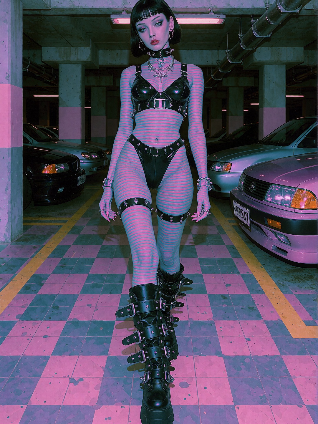 woman with long legs walking at vaporwave underground empty parking without cars,  striped lines on body,  pastel colors o...